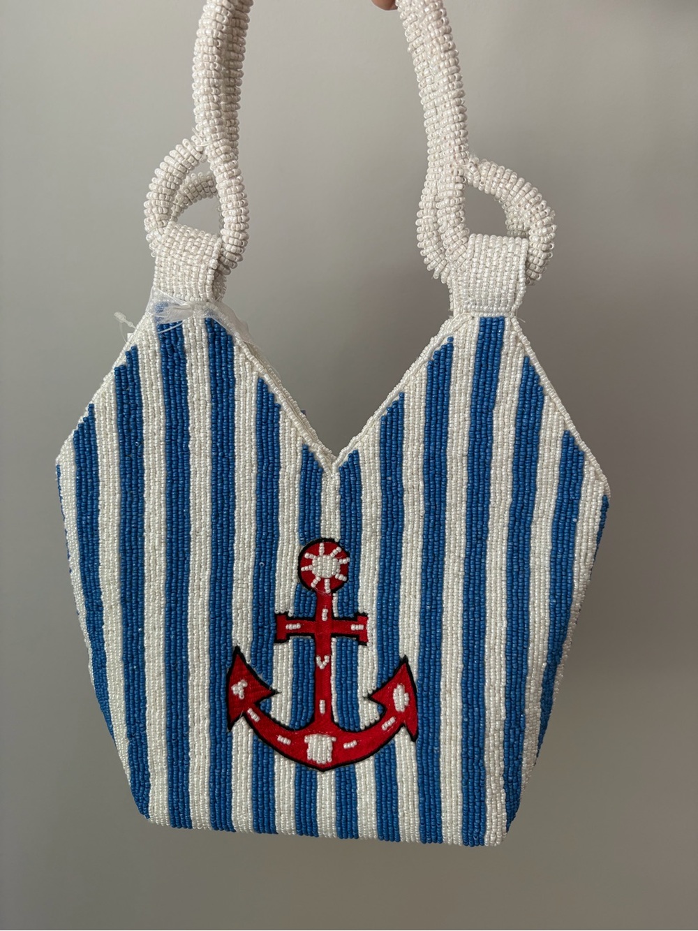 New Blue and White Striped Anchor Beaded Bag